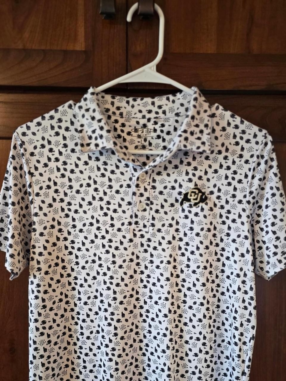Kids White Polo with Black Football Pattern and CU Emblem